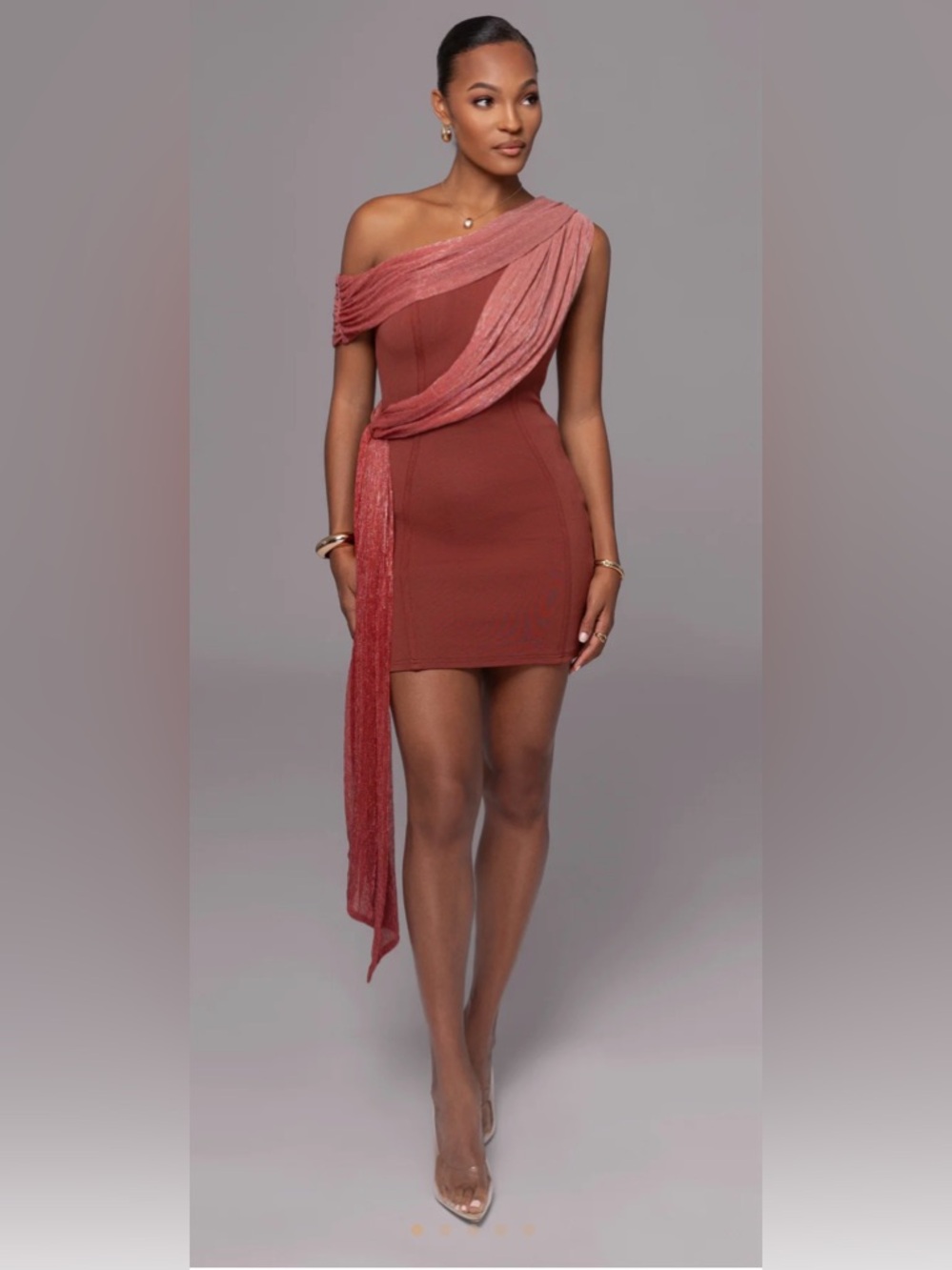 JLUXLABEL Rust Red One-Shoulder Mini Dress with Draped Sash